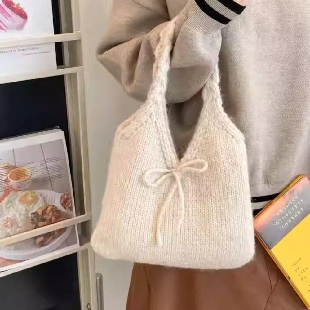 Multicolor Bow Knitted Handbag Soft Knitted Wrist Bag Creative Knit Shoulder Bag Travel
