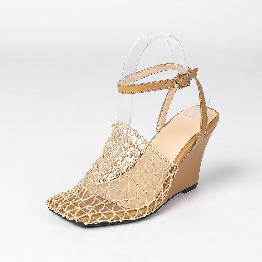 European And American Wedge Heel Flip-Flops With A Sense Of Design Hollowed-Out Woven Fishing Net Shoes Single Shoes