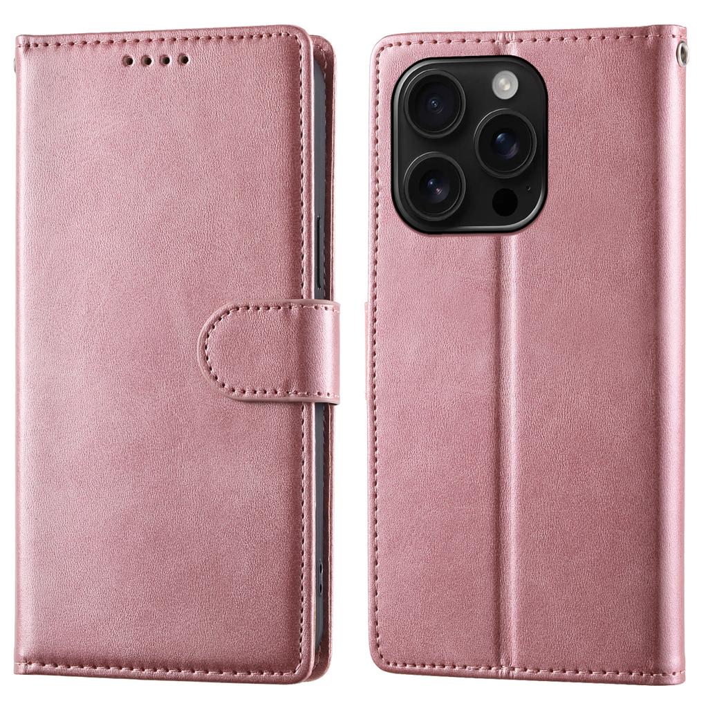 For iPhone 16 Pro Case Stand Wallet Calf Texture PU Leather Flip Phone Cover with Wrist Strap