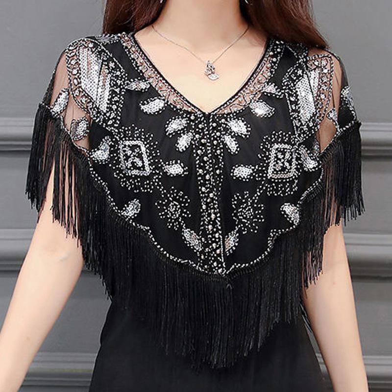 Chal Fluido de Lentejuelas y Perlas Estilo Retro de los Años 20 para Mujer Vestido de Novia con Banquete Escenario Fiesta
