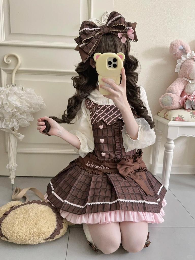 Japanese Sweet Lolita JSK Dress Heart Button Bow Detail Brown Pink Chocolate Plaid Decoration Harajuku Subculture Kawaii Outfit