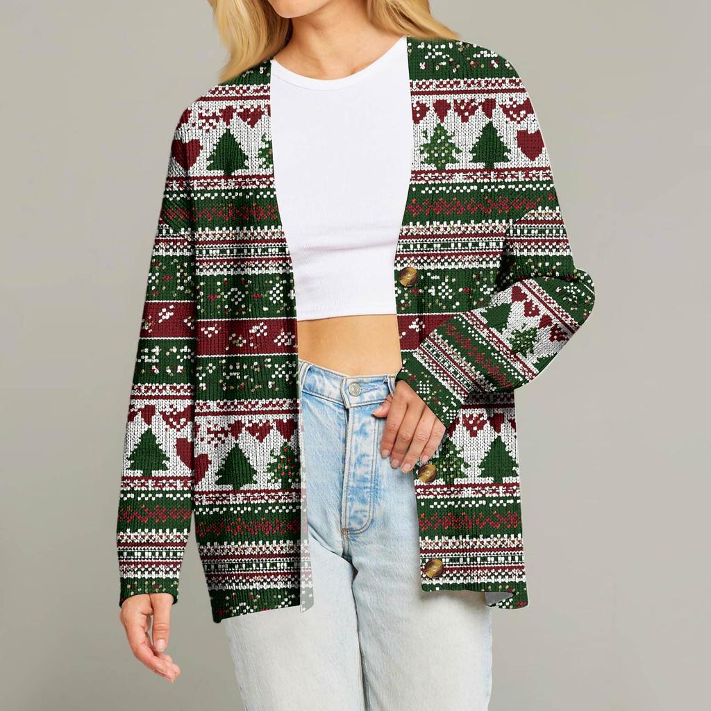 Women's Fashion Long Sleeve Christmas Print V-Neck Button Loose Cardigan Top