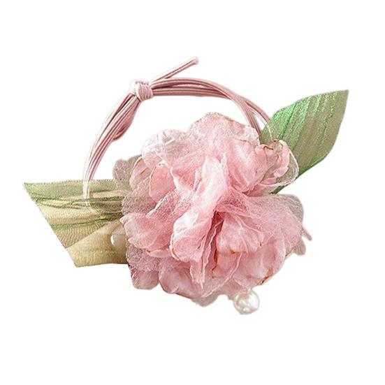 2Pcs Hair Tie High Elastic Rubber Band Hair Rope with Hand-Sewn Organza Flowers Imitation Pearl Pendant Ponytail Holder Hair Accessories