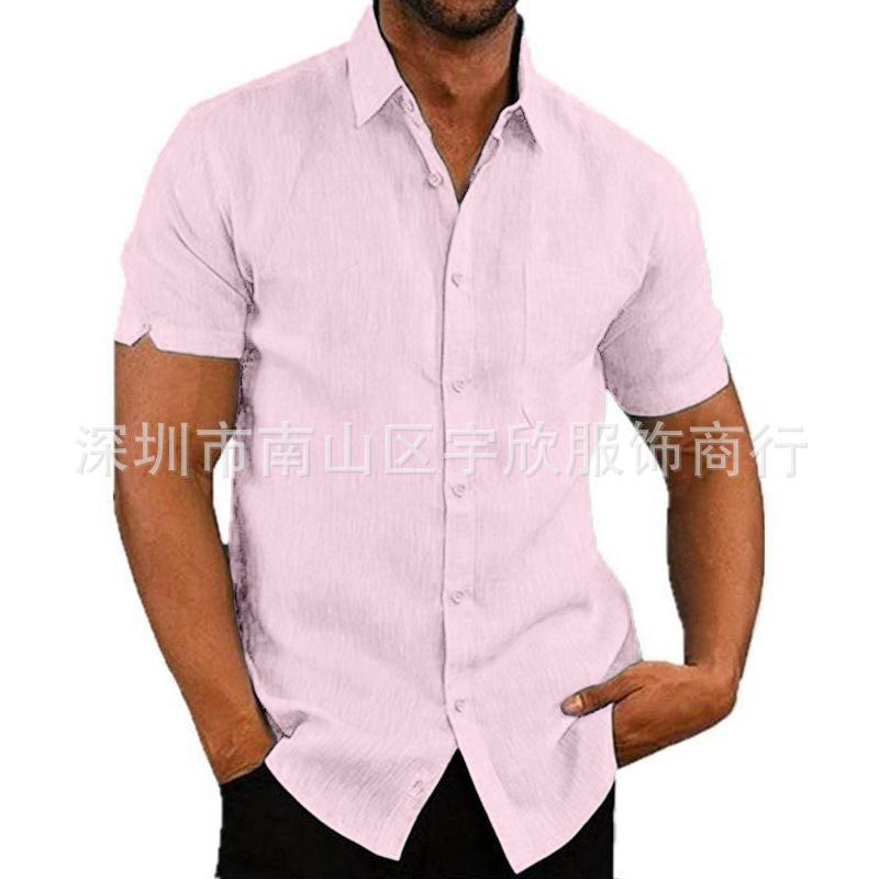 Summer lapel button-down men's solid color short-sleeved linen shirt