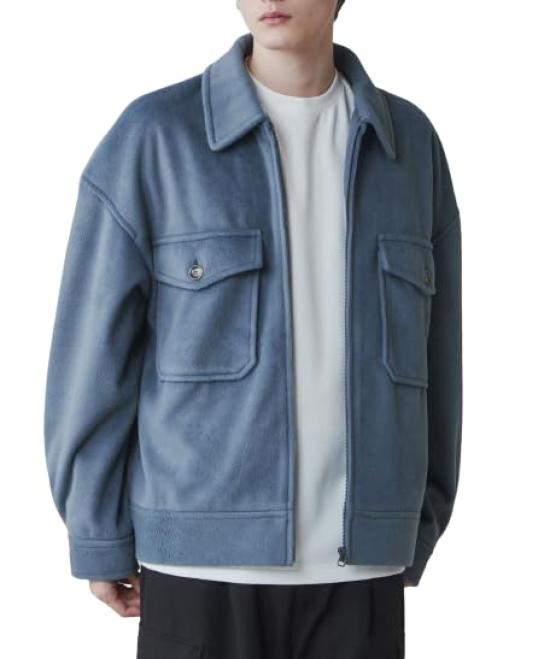 WEGO Unisex Knit Melton Zip Blouson Outerwear Cold Weather Solid Check Oversized Korean Size Type A Blue Men's Coat, Outerwear, Jacket, Pattern,
