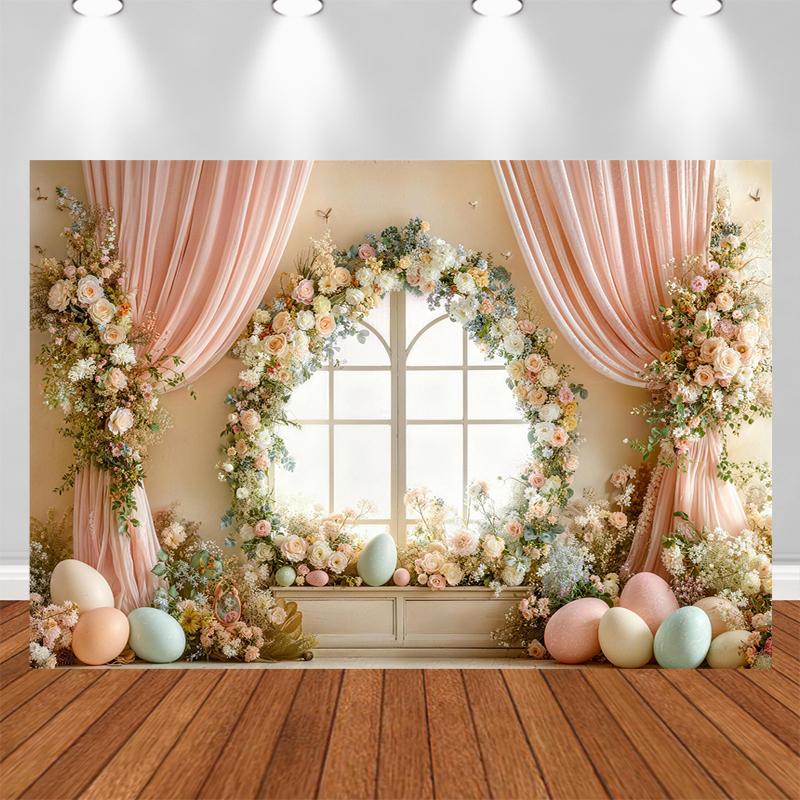 LS Spring Easter Party Backdrop Photography Wooden Door Floral Garden Background Kids Baby Show Birthday Photos Studio