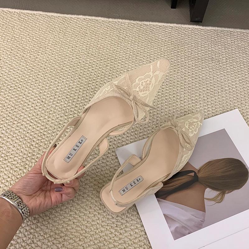 French minimalist temperament pointed lace embroidered sandals women's 2025 new spring and summer low-heeled bag head back empty versatile