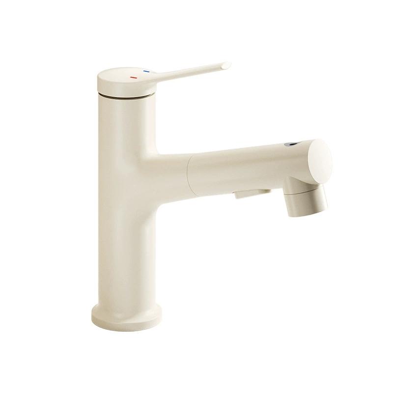 Brass Cream White Bathroom Basin Faucets with Pull-out Cold and Hot Water Faucet Rotatable Wash Basin Faucets Mixer Tap (White,Baked) белый