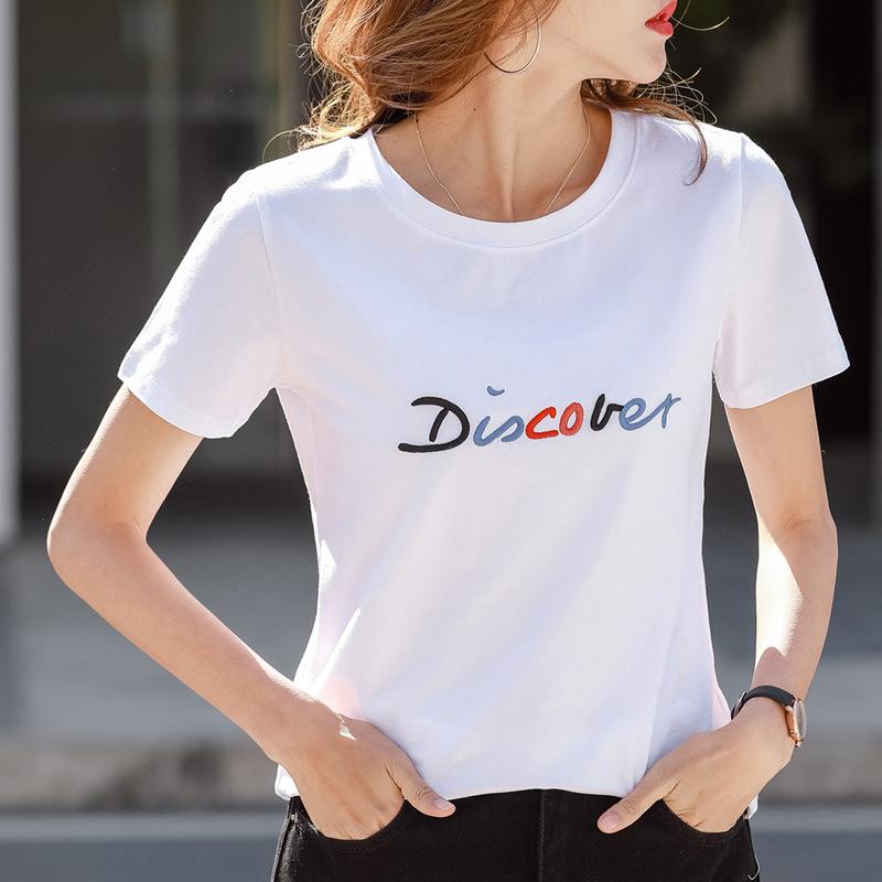 

Жіноча футболка з короткими рукавами, літо 2024, новий корейський стиль, вишита літера, круглий виріз, вільна жіноча сорочка з низом XXL білий