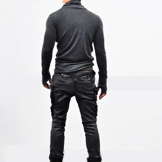 Spring Autumn Men Top Neck Protection High Collar Slim Fit Stretchy Pleated Long Sleeves Pullover