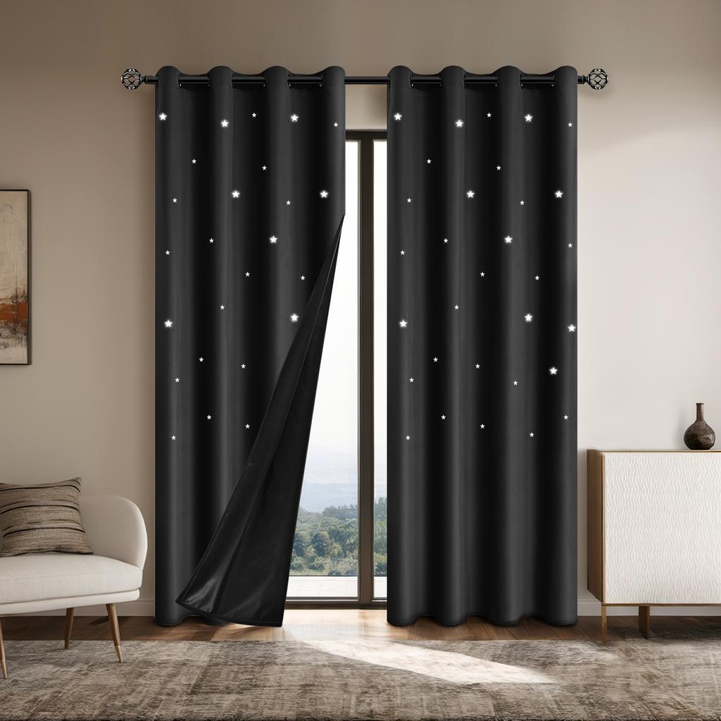 1pc Romantic Hollow Star Blackout Drape Panels, Full Light Blocking Textured Window Curtains for Bedroom, Living Room