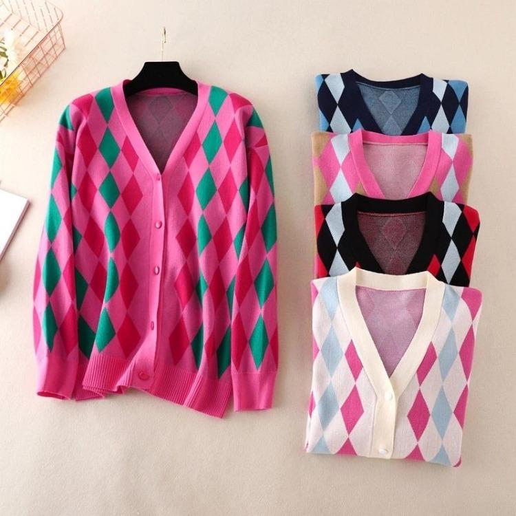 Women's Cardigans - Autumn Women Sweater Vintage Geometric Rhombic Cardigan Warm Loose Outerwear