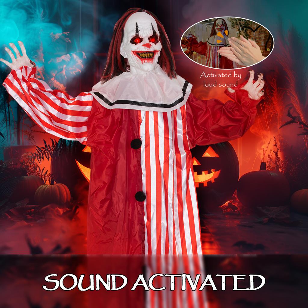 165 cm Life Size Halloween Animated Clown with Red Light Up Eyes, Sound Activated Moving Body, Scary Clown Halloween Decorations, Battery Operated
