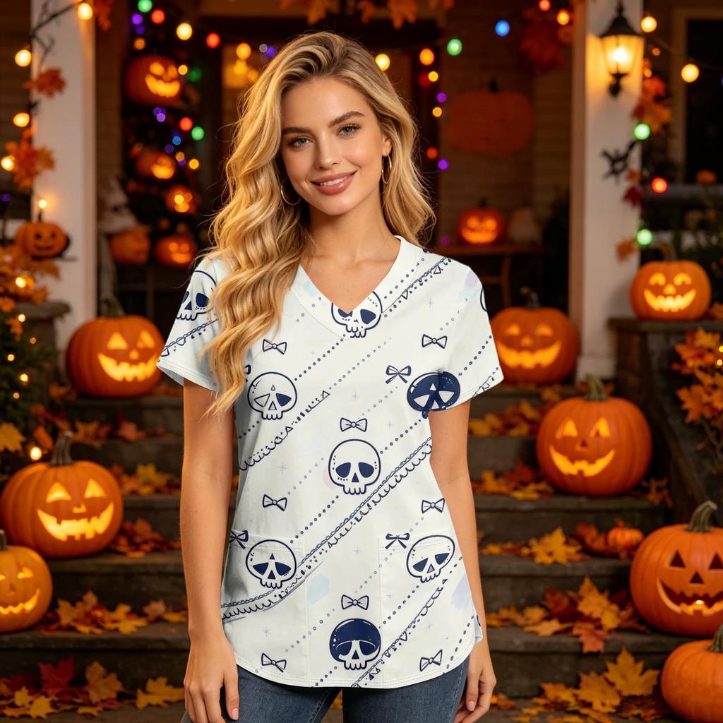 Damen V-Ausschnitt Kurzarm Kasack mit Taschen Halloween-Print Pflegekraft Uniform
