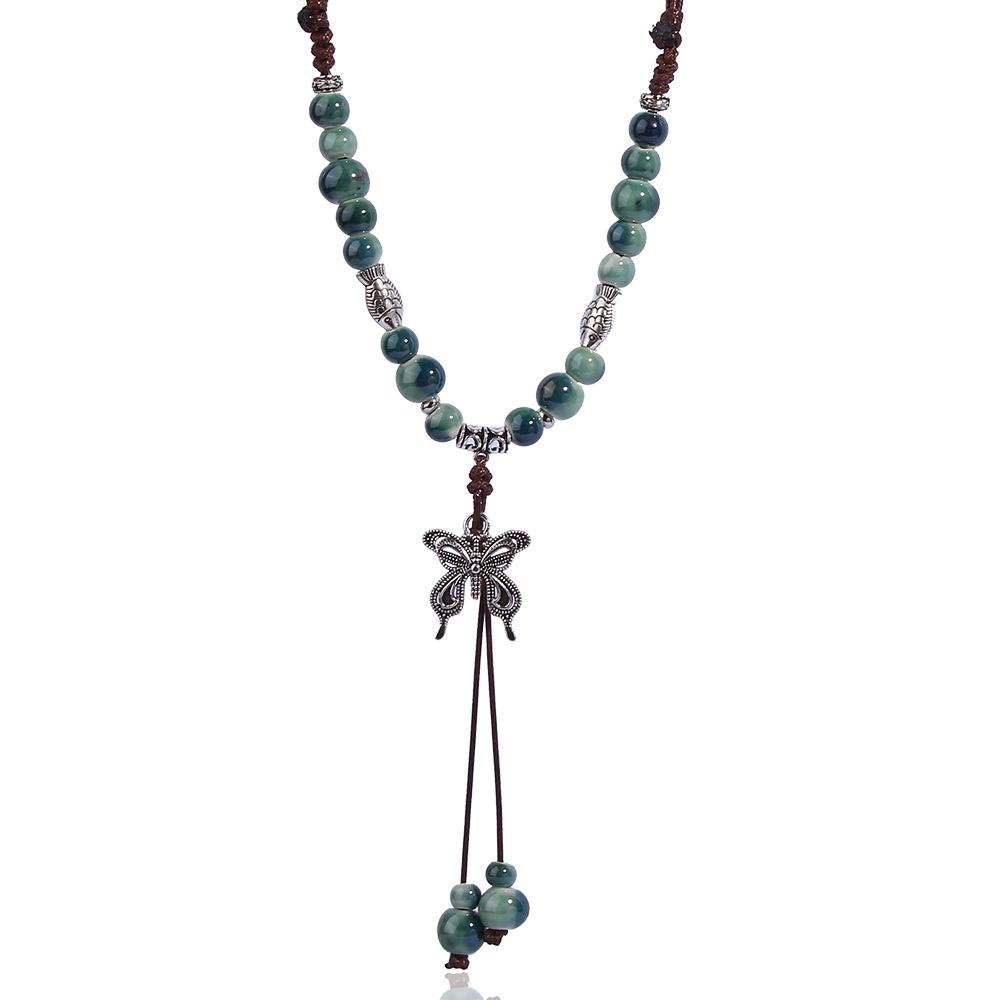 Vintage Ceramic Beaded Pendant Butterfly Necklace Ethnic Style Women Jewelry Gift