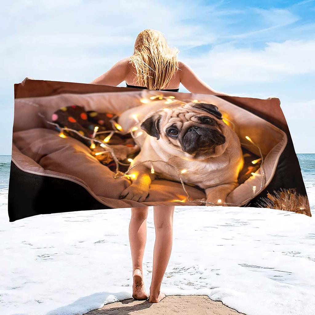 Microfiber Sand Free Beach Towel Thin Quick Fast Dry Super Absorbent Oversized Large Lightweight Towels for Beach Pool Pug Dog