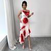 Women's Off Shoulder Sleeveless Midi Dress Bodycon Mid Rise Elegant Floral Printed Asymmetric Ruffle Mermaid Dress