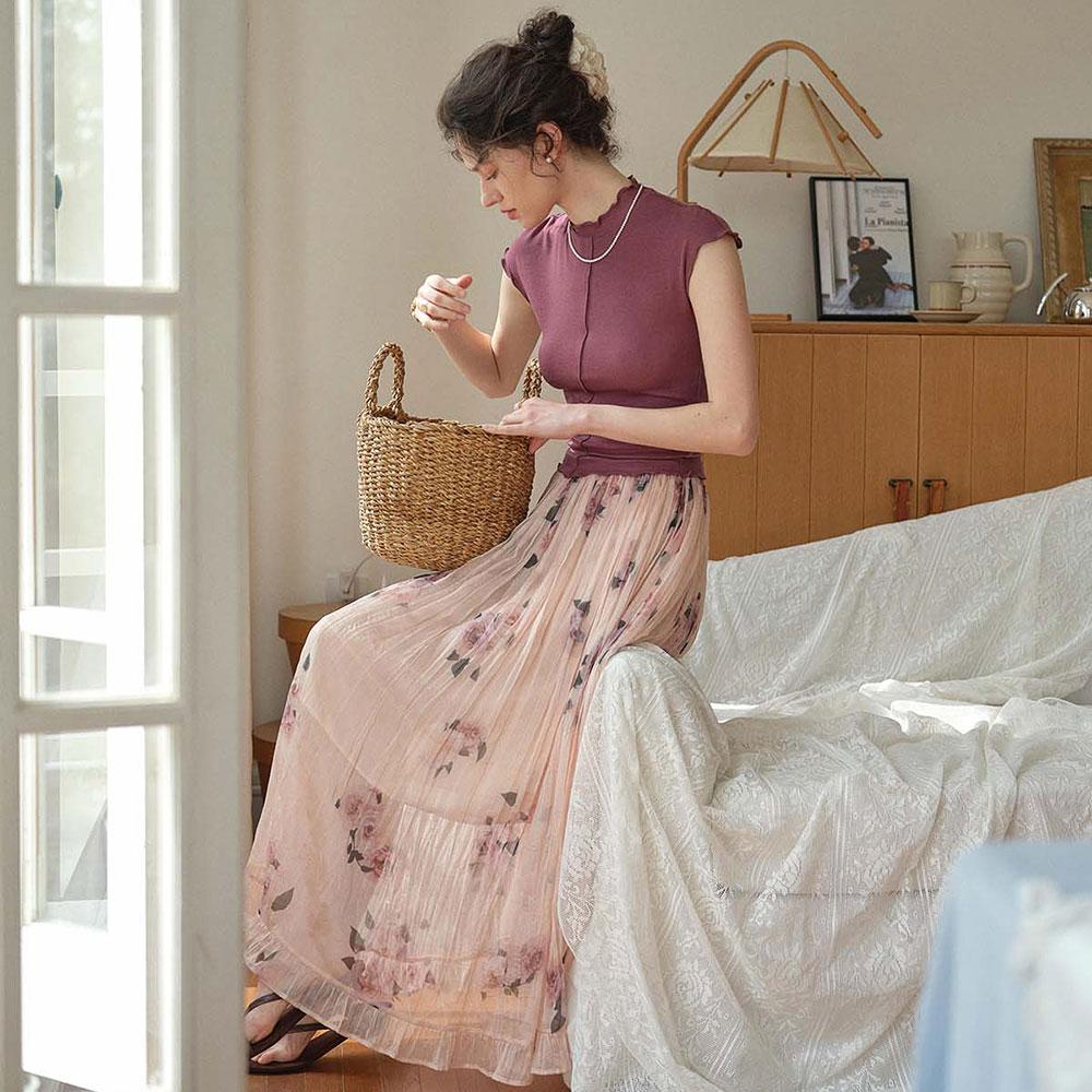 Simpeulleteulo Sr_Print Pleated Pink Floral Skirt