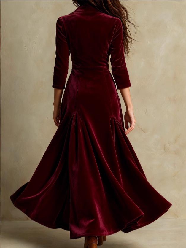2025 Women's Solid Color Button-Up Lapel Dress with Cinched Waist and A-line Skirt, 3/4 Sleeves