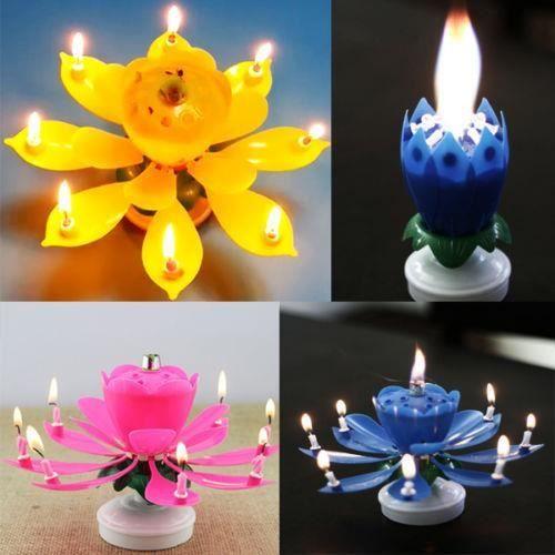 Bougie d'Anniversaire - Multicolore - Fleur Lotus - Rotation - Musique - Décoration de Gâteau