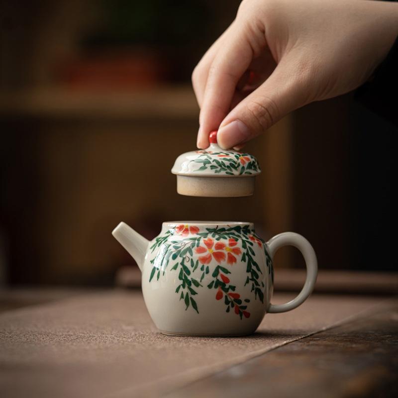 Hand Drawn Beautiful Flower Teapot Tea Maker Tea Kettle Tea Ceremony Lady Tea Set Kungfu Tea Set Ball Hole Filtration Single Pot