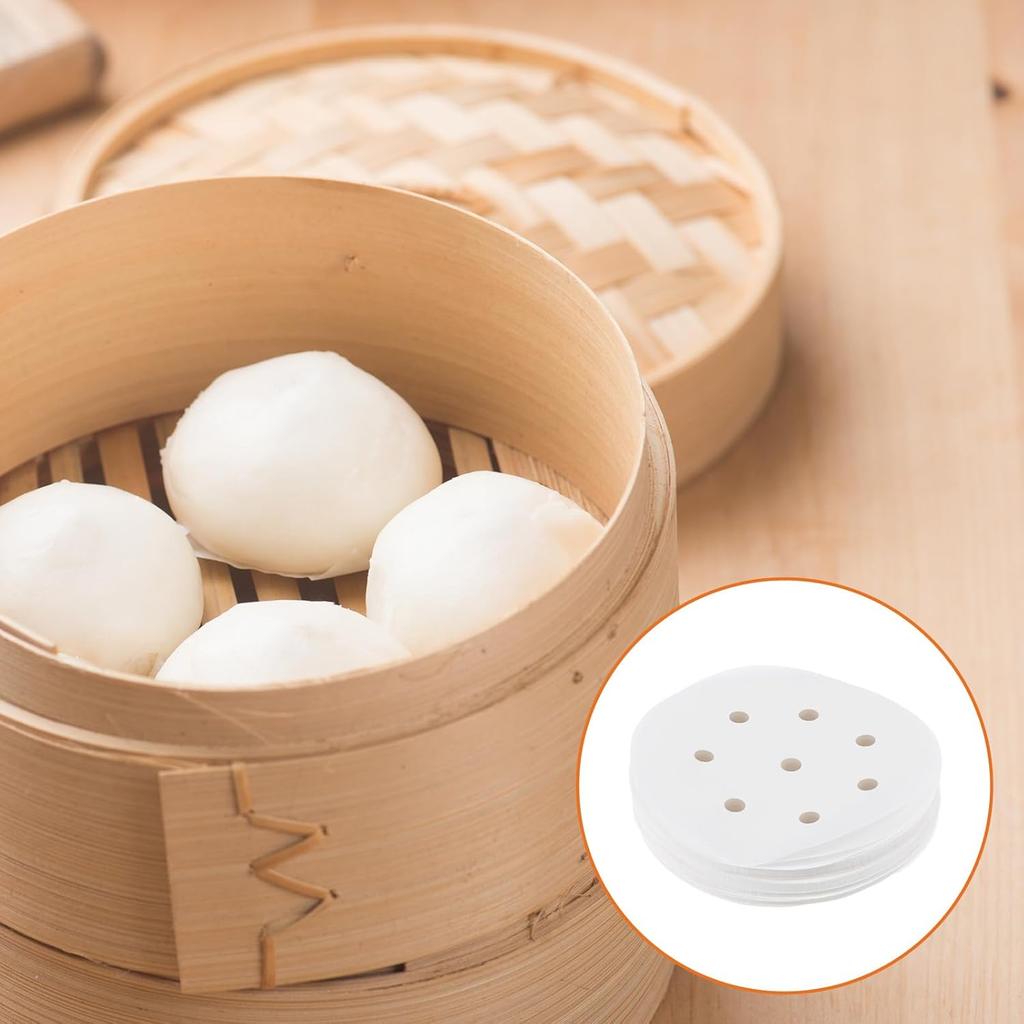 400 Pcs Mini Steam Paper with Holes Non-stick Small Round Air Fryer Parchment Paper Bamboo Steamer Liner White Anti-Stick 4 Inch Perforated Papel for