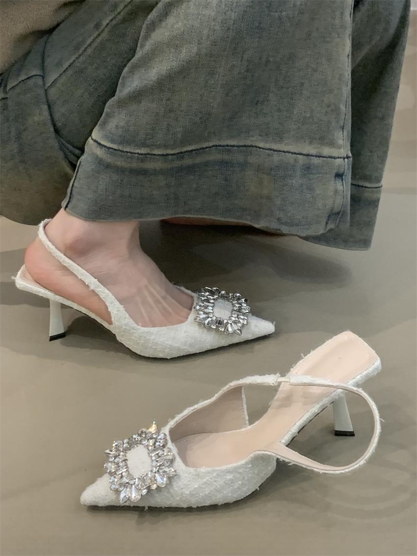 

Нишевые темпераментные женские туфли на высоком каблуке 2025 французские элегантные со стразами с острым носком с мелким вырезом на тонком каблуке пустые сандалии 39 абрикосовый