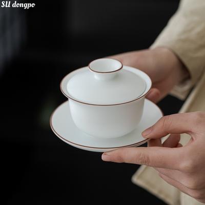 Matte Finish Fat White Gaiwan Ceramic Teacup with Hollow Base Chinese Kungfu Tea Making Cup Water Chestnut Cover Bowl