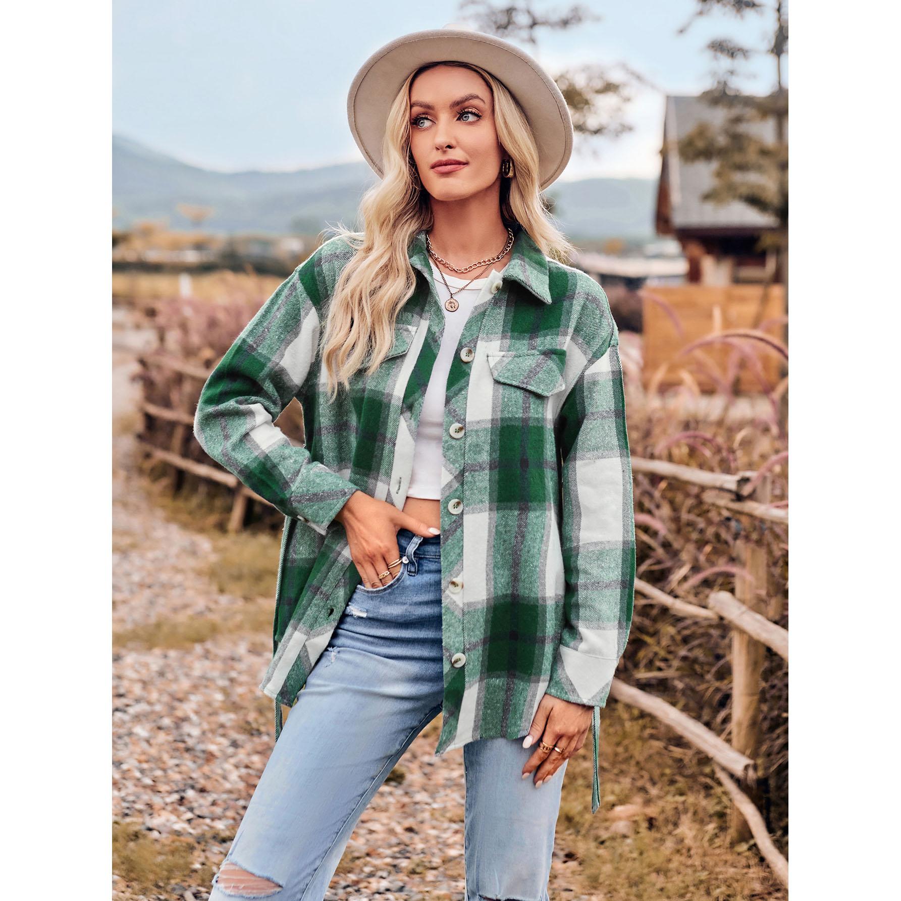 Женская рубашка-рубашка с длинными рукавами и воротником в клетку с завязкой на талии — фото 4