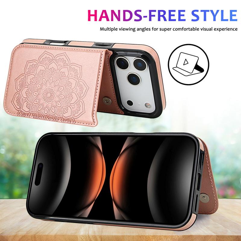 Mandala Card Pocket Leather Wallet Case For iPhone 17 Pro Max 16 15 Pro Max 14 13 12 11 Magnetic Metal Buckle Card Holder Back Cover