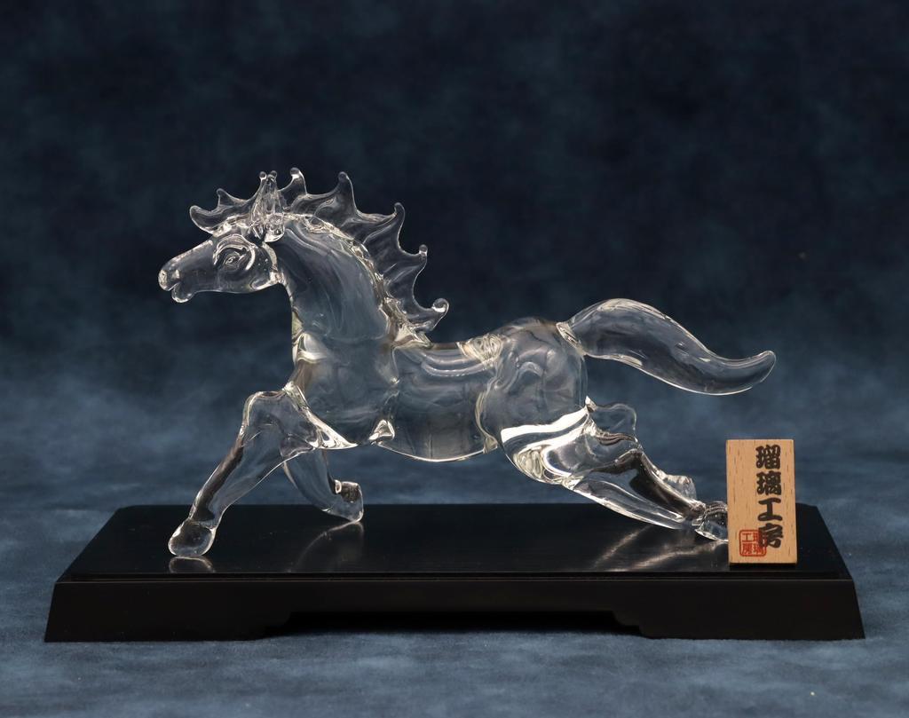 Glass Square Good Fortune Prayer Glass Horse Running - A Symbol of Vitality, Action, and Energy To Enhance Success (Large) Running Glass with Display