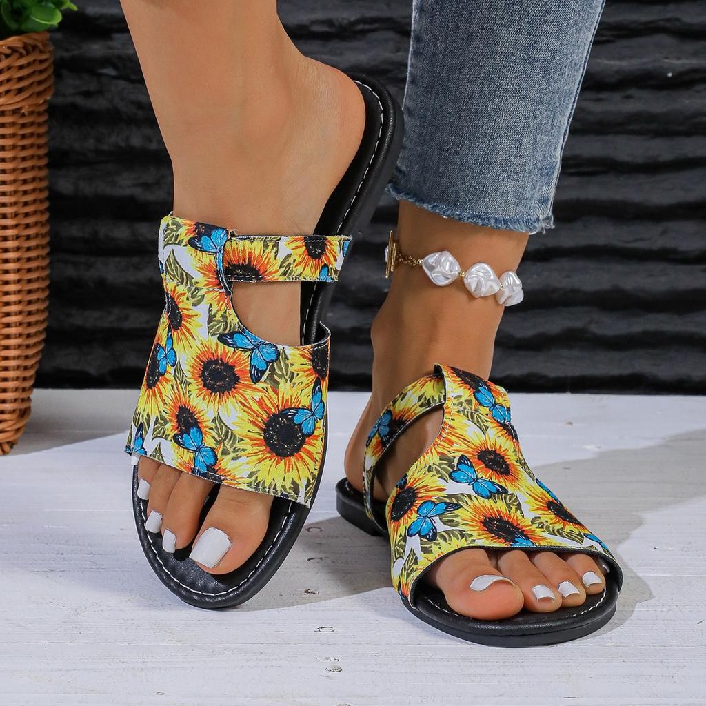 2024 Summer New Models, Breathable Printing Color Matching Roman Style Sandals Women's European and American Style Flat-bottomed Cool Slippers