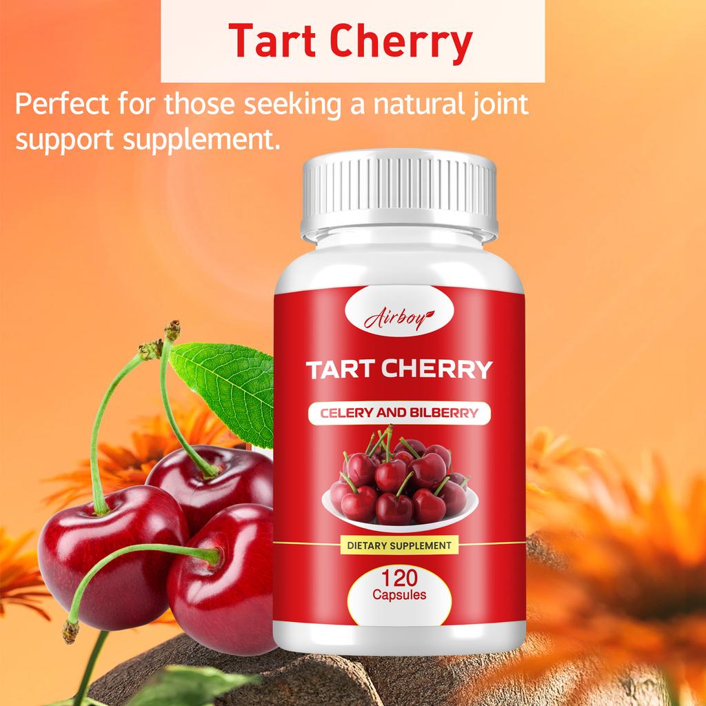 Airboy Organic Tart Cherry Extract Capsules, made with tart cherry concentrate and celery seed, suitable for adults.