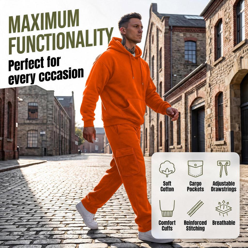Men's 2-Piece Outfit Set, Hooded Sweatshirt and Cargo Straight Leg Pants, Casual Streetwear