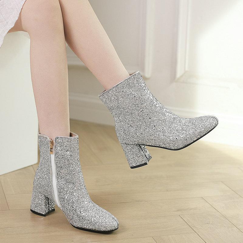 Women's Short Boots Autumn and Winter Grit Metal Sequins Women's and Ankle Boots Gold Silver Thick Heel High Heel Round Head Women's Short Boots