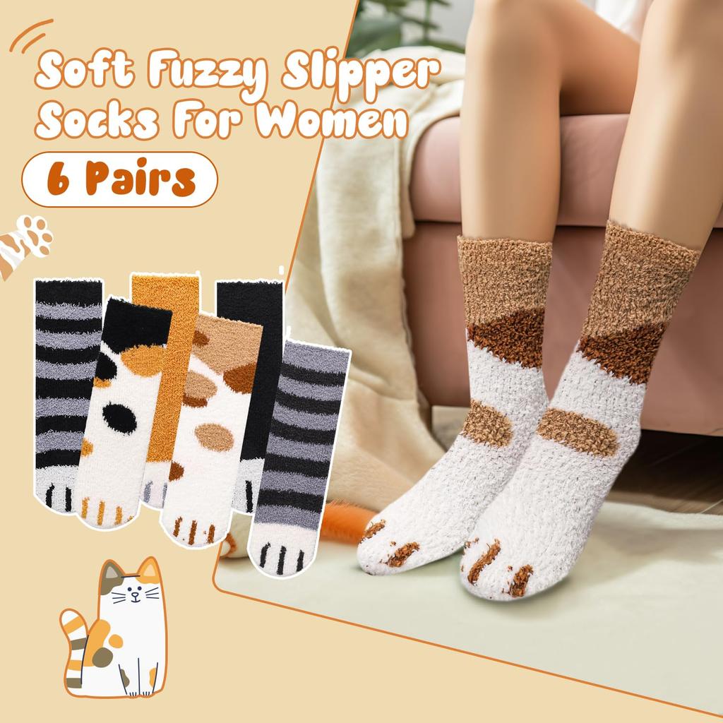 6 Pairs Womens Fuzzy Socks Cozy Fluffy Slipper Socks Cute Soft Cat Animal Winter Warm Sleep Socks Gifts