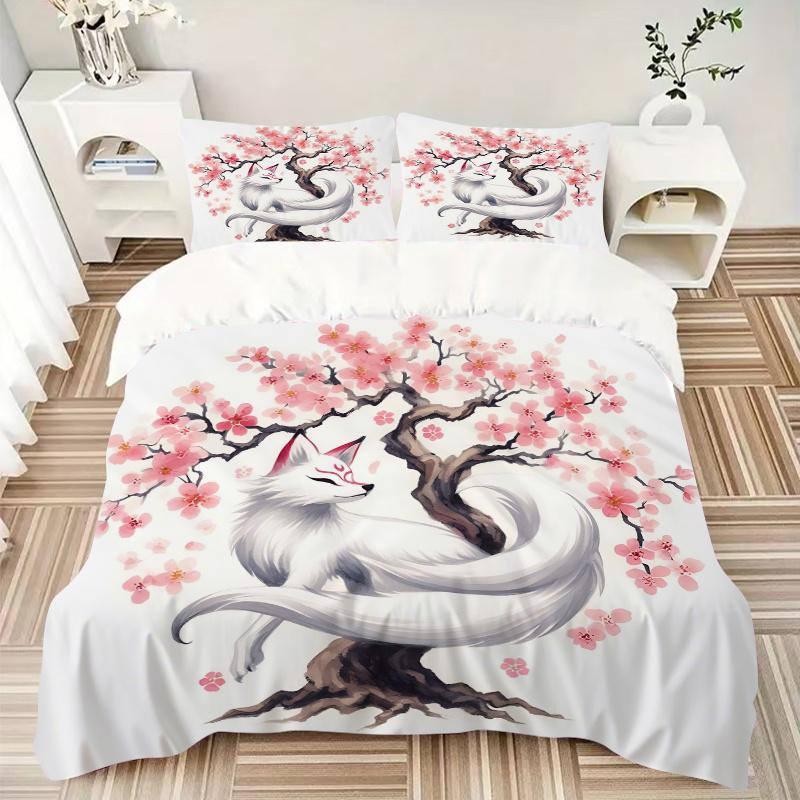 3pcs Cherry Blossom Tree and Beautiful White Fox Bedding Set, Including 1 Quilt Cover and 2 Pillow Shams, Without Filling, Soft and Comforta