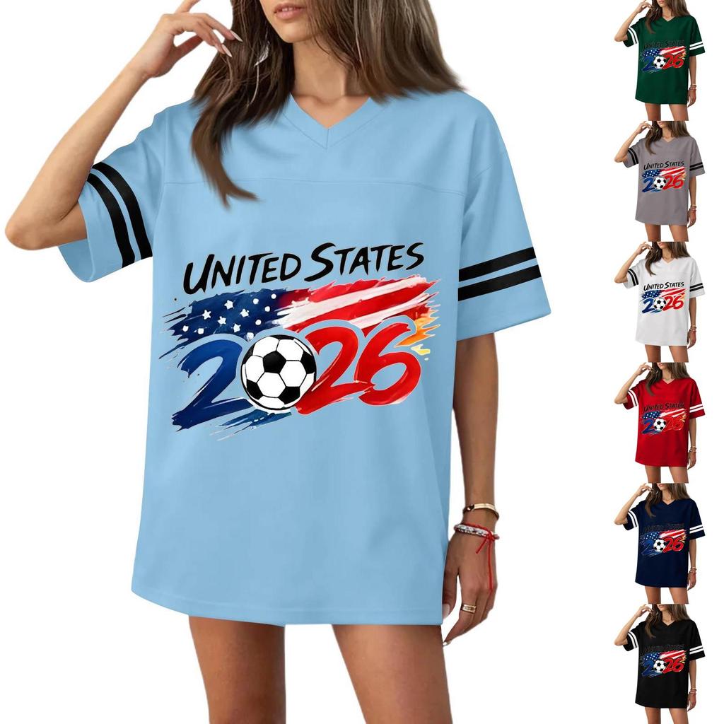 Womens V Neck Short Sleeve Soccer Graphic Tee United States Flag Print 2026 Casual Loose Fit Sports Top Shirt