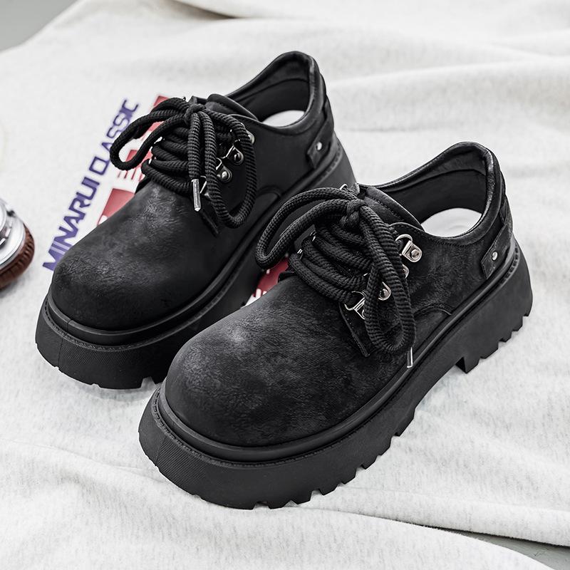 Autumn new high-end retro casual leather shoes sports platform heightening black big head derby shoes 39