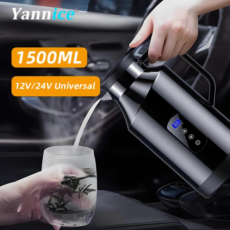 1500mlCar Electric Heater Kettle 12V24V Fast Boiling Water Display Touch Screen Temperature Control Thermal Mug Travel Essential