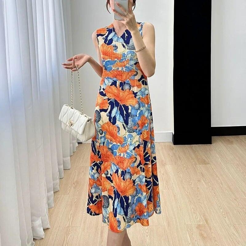 Tank Top Rock Kleid Frauen Sommer Kontrast Druck Elegante Temperament Lose und Schlank V-ausschnitt Ärmelloses Plissee Kleid Weibliche