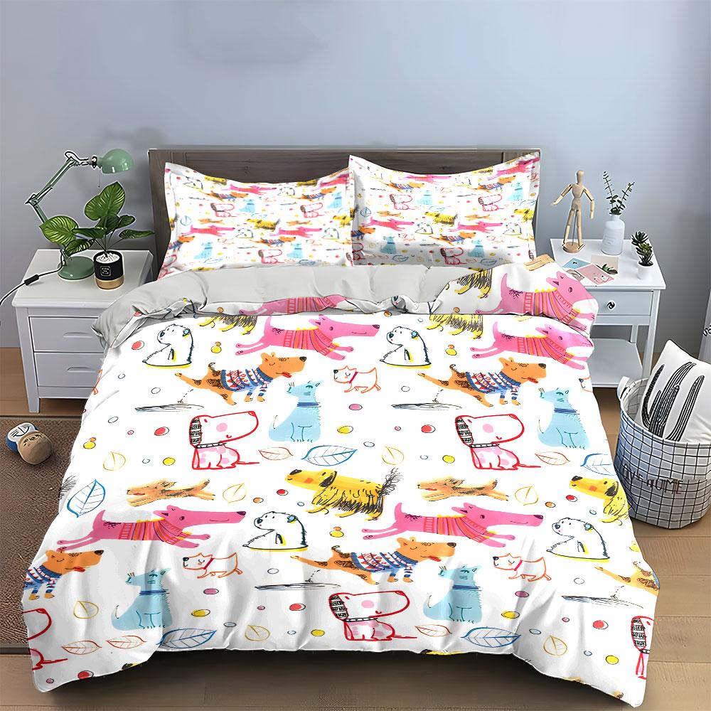 Colorful Dogs Pattern Set Decor Soft Skin-Friendly Bedding Set Includes 1 Duvet Cover And 2 Pillowcase Gift