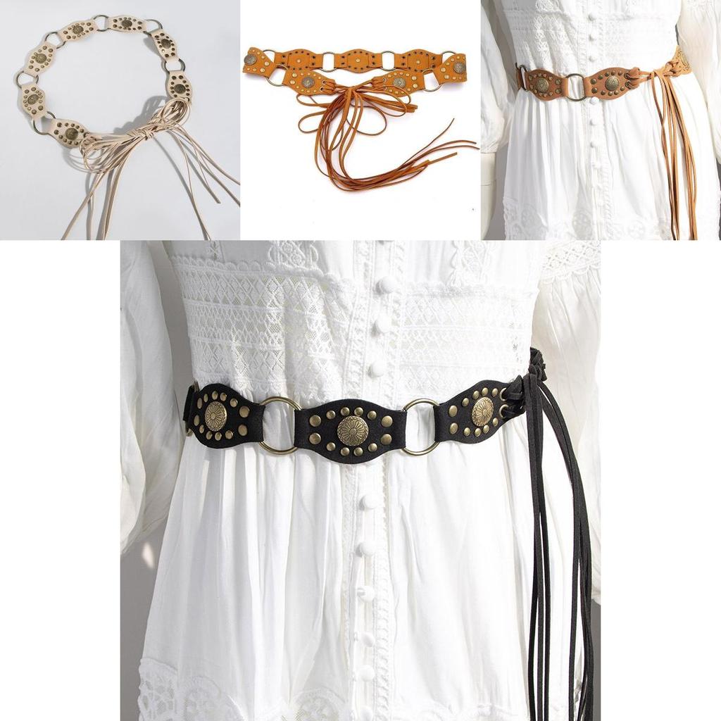 Bohemian Faux Suede Waistband With Rivet Detailing And Knot Closure For Vintage Festival Looks