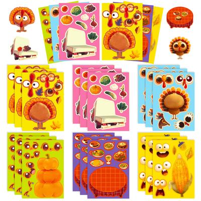 6 Thanksgiving Children'S Turkey Hand Account Diy Puzzle Stickers Autumn Harvest Festival Celebration Face Change