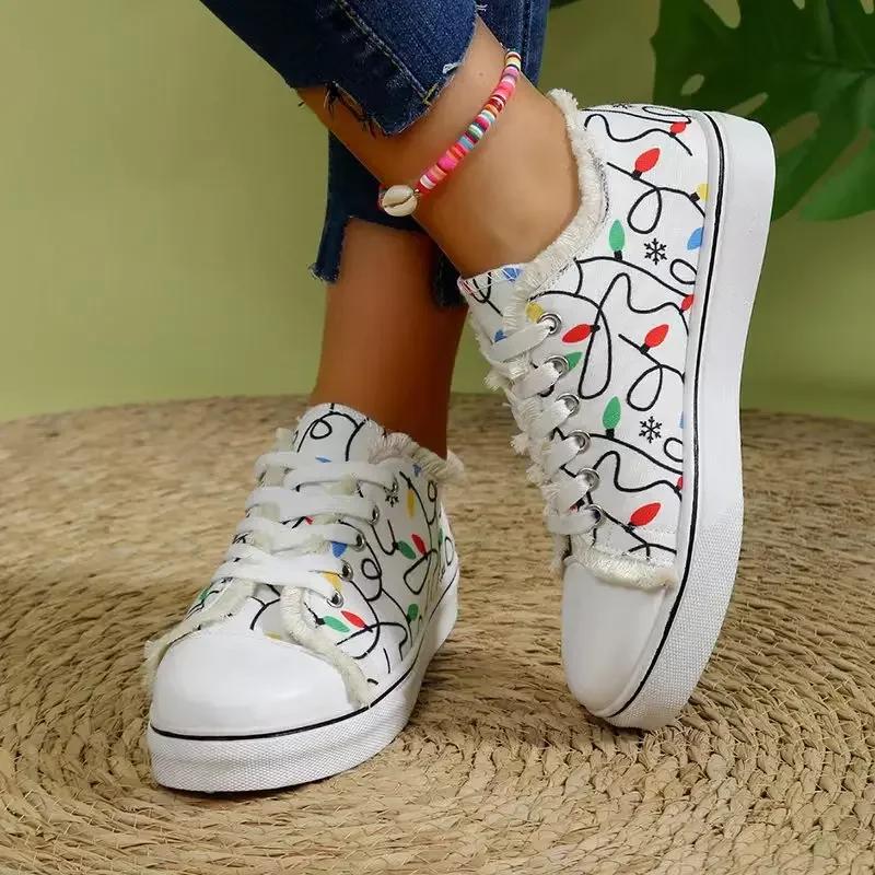Fashion Women Designer Cartoon Graffiti Casual Shoes Woman Canvas Breathable Fashion Lace-Up Round Toe Sneakers Female Vulcanized Shoes