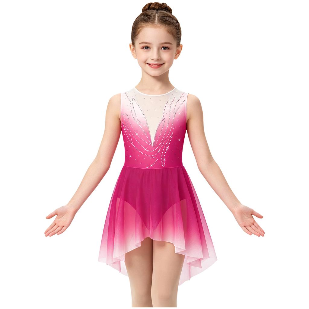 Mädchen Eiskunstlauf Gymnastik Bodysuit Farbverlauf Strass Ärmellos Keyhole am Rücken Unregelmäßiger Saum Knopfleiste im Schritt Leotard Kleid
