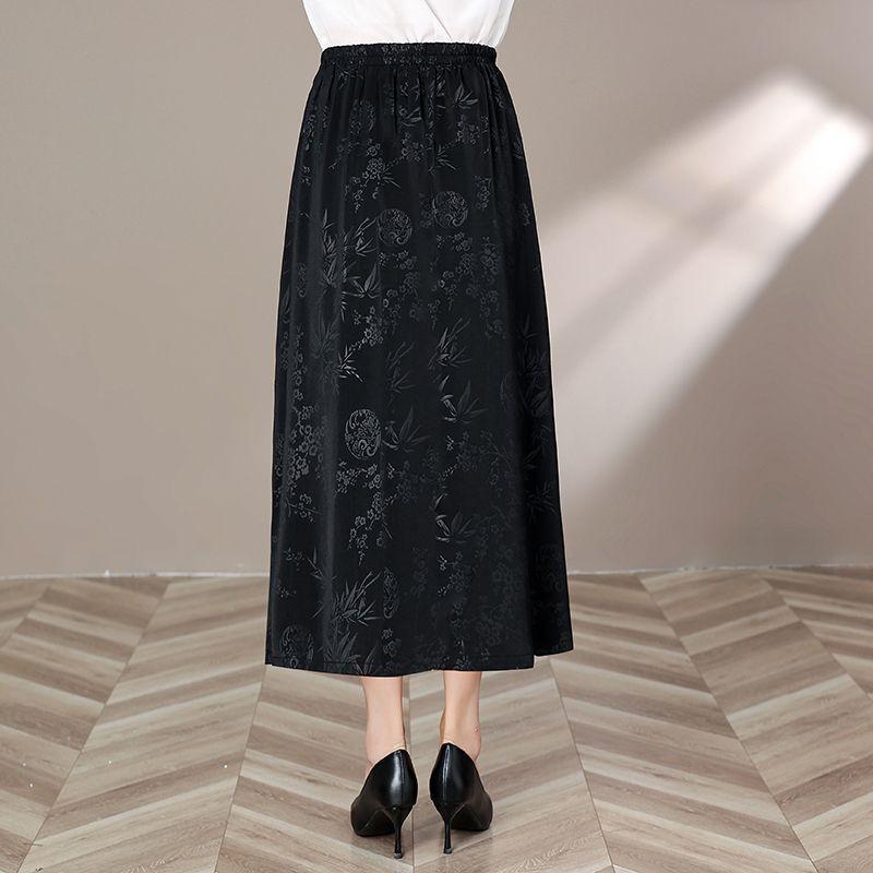 Women's Black Vintage Floral Pleated Midi Skirt Chinese Style Tassel Bead Decoration High Waist A-line Casual Daily Office Skirt