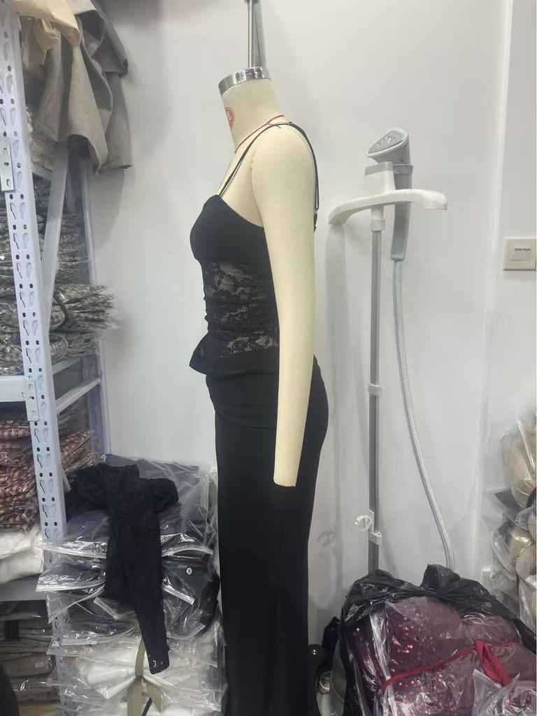 Elegante Abito Canotta con Patchwork di Pizzo Stile Europeo e Americano per Donna - Abbigliamento da Banchetto Sexy e Modellante