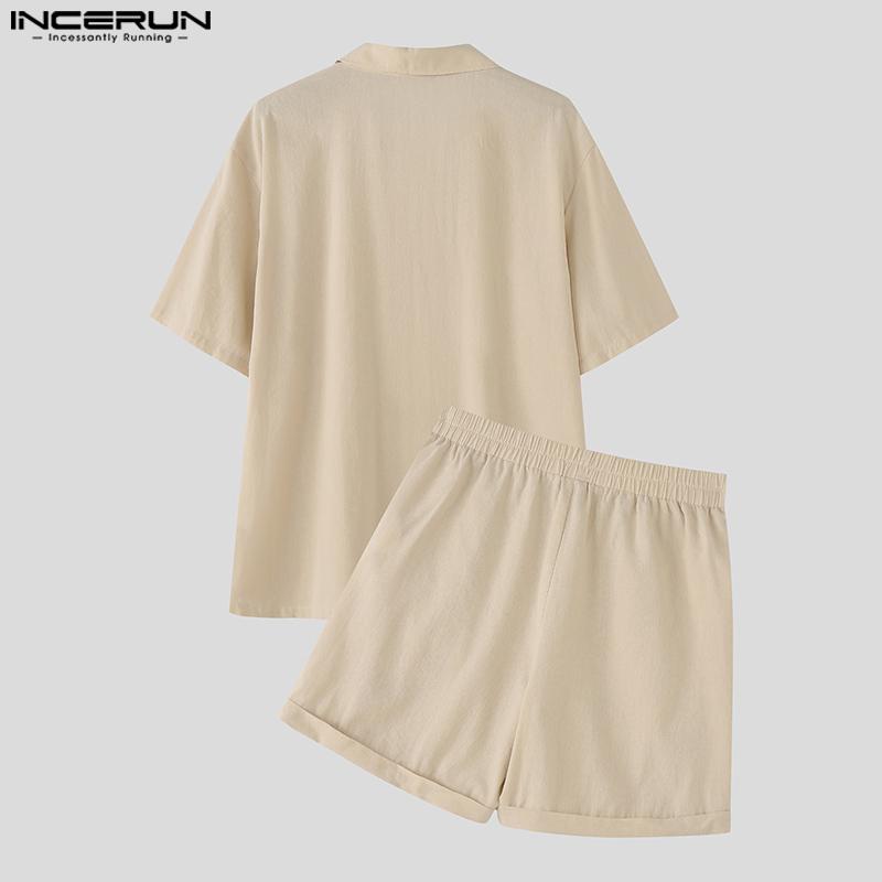INCERUN Two Piece Suit Men V Neck Short Sleeve Shirts Shorts Casual Outfits Sets