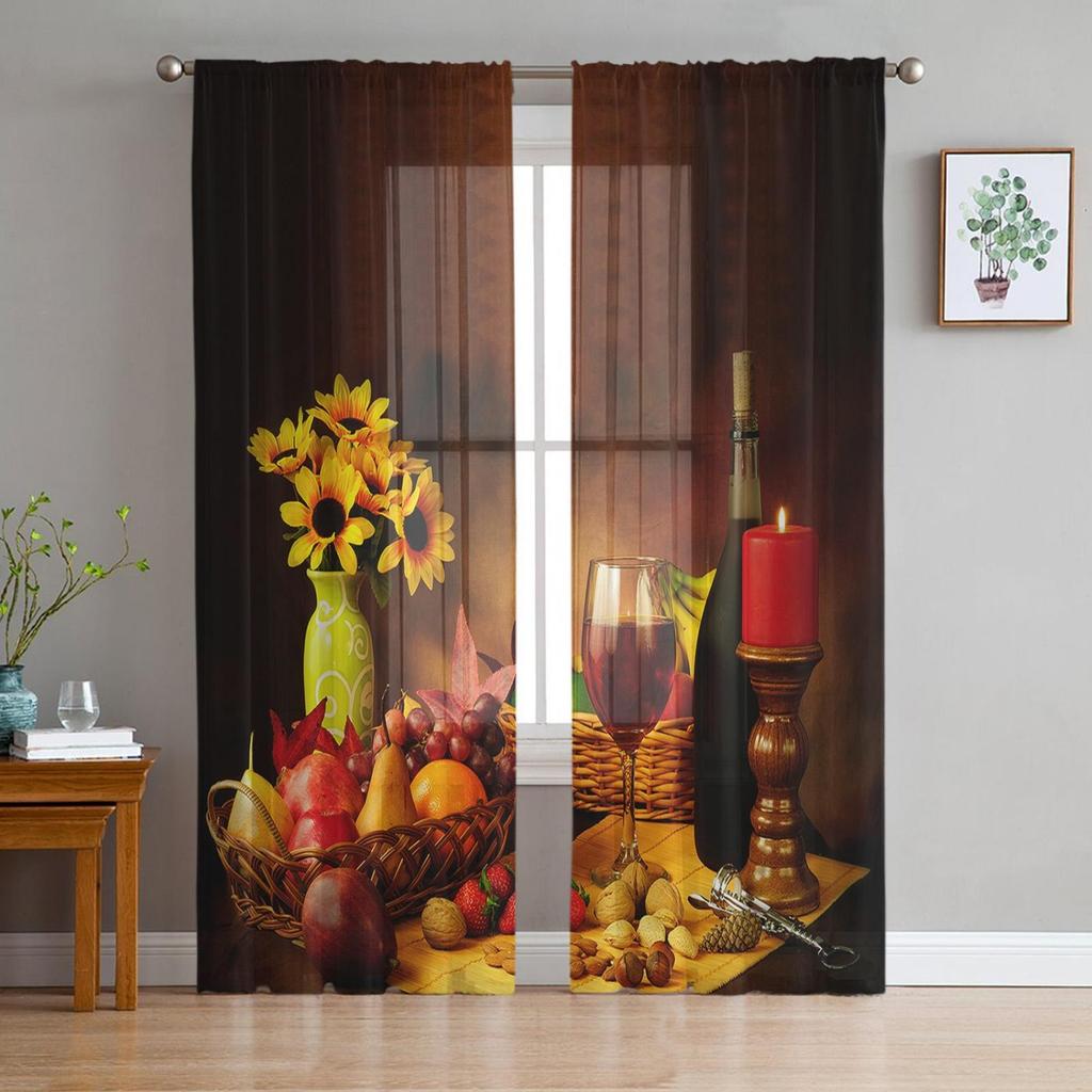 Red Wine Wine Bottle Wine Glass Sheer Tulle Window Curtains For Living Room Bedroom Kitchen Veiling Curtain Home Decoration